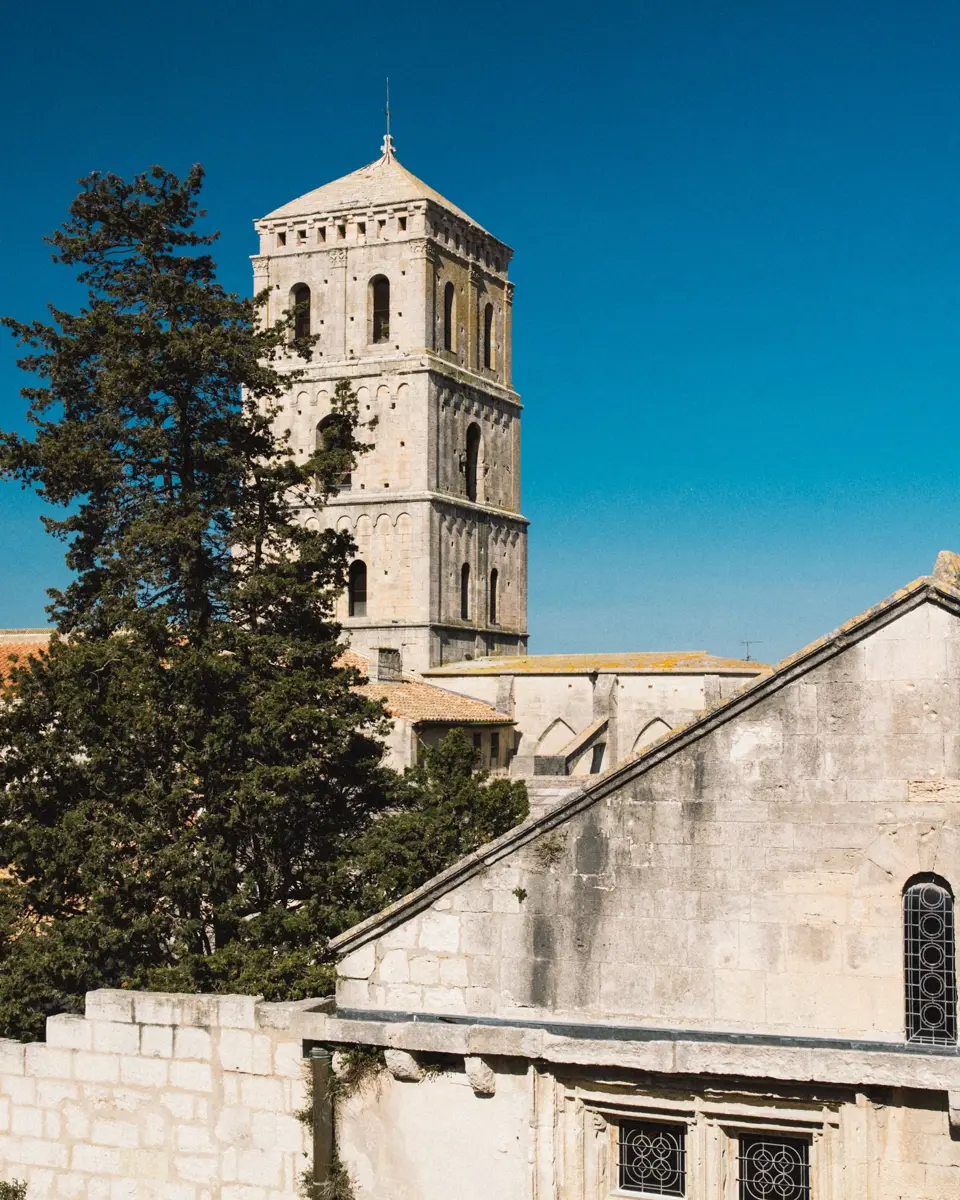 View of Saint-Trophime Cloister from hotel Le Cloître's rooftop terrace in Arles
